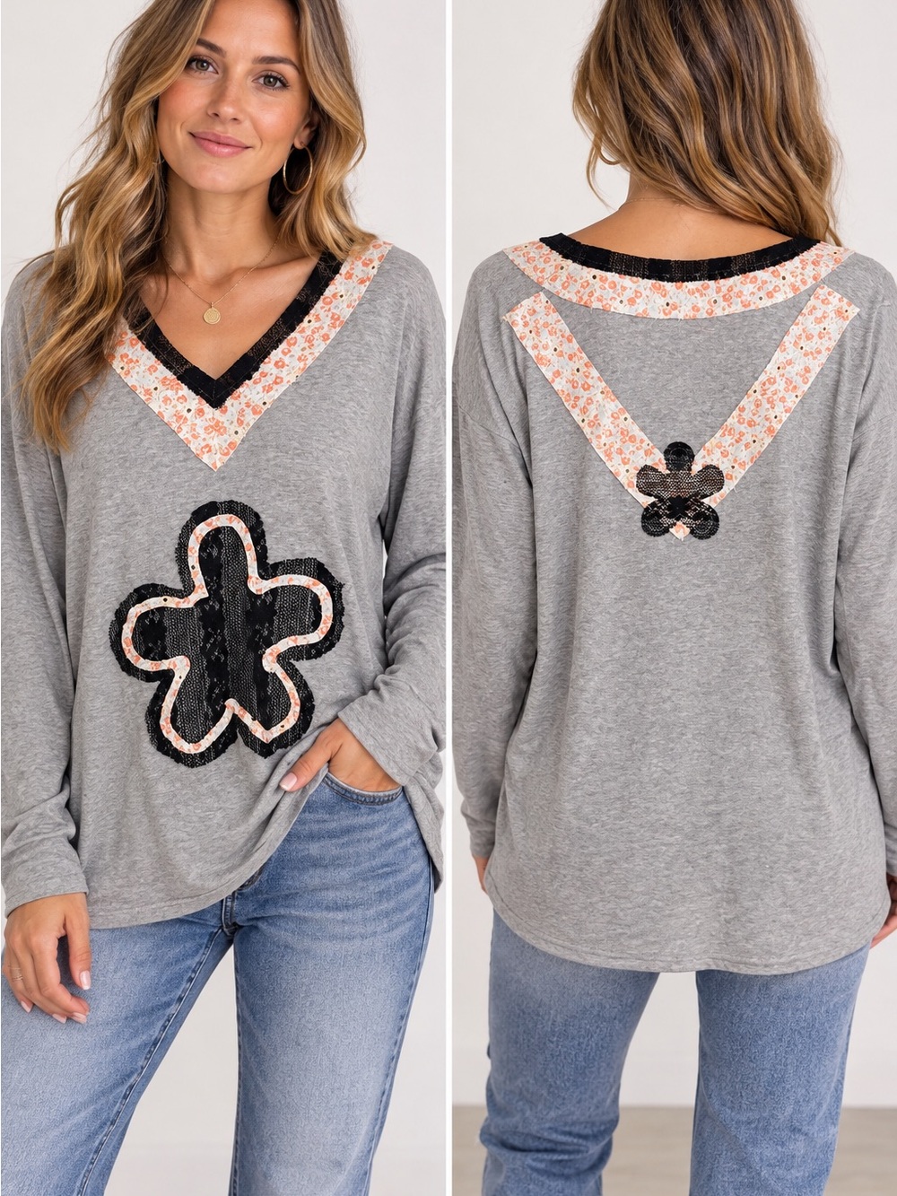 New POL Gray V-Neck Floral Trim Pullover Top S M